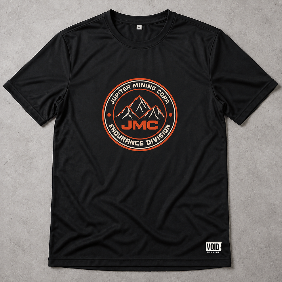 Black JMC Endurance Division technical running shirt flat lay with a coral and cream circular mountain badge.