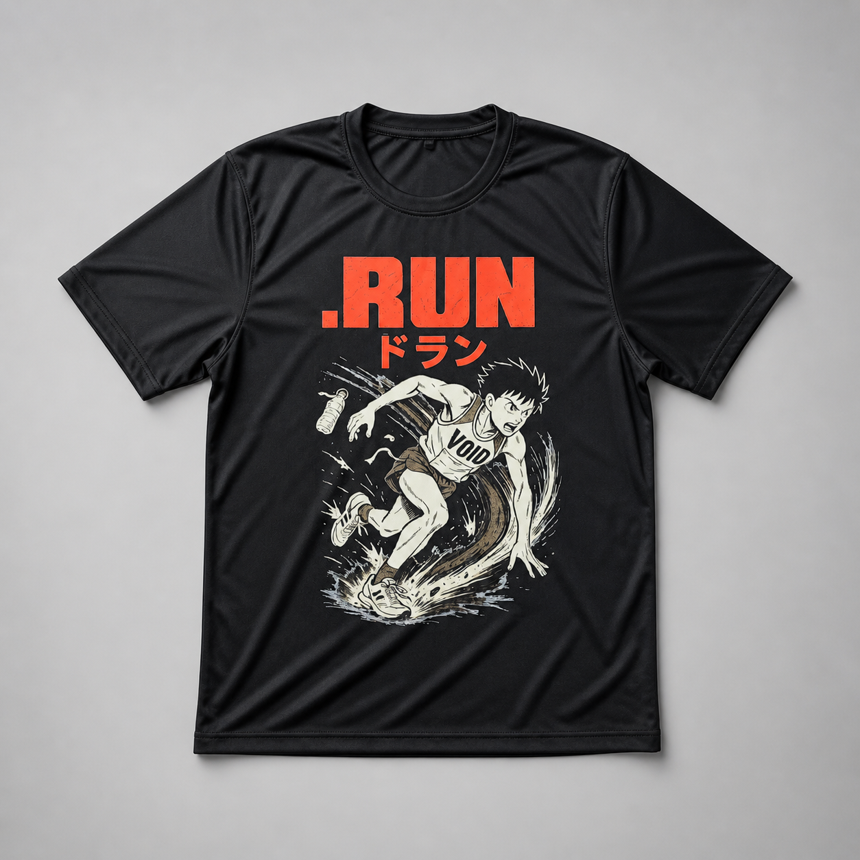 Black technical running T-shirt featuring a manga-inspired running character graphic with “.RUN” text and Japanese lettering