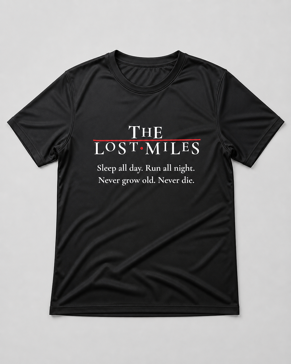 Black technical running T-shirt featuring The Lost Miles graphic with white serif text and a red line detail.