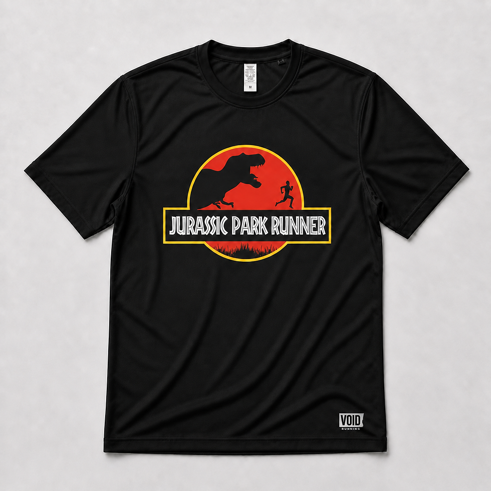 Black Jurassic Park Runner adult performance running T-shirt flat lay with red dinosaur chase badge graphic