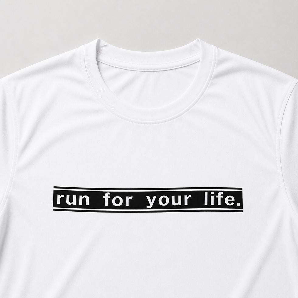 Thumbnail: Close-up of the Run For Your Life running shirt print, showing the slim black text graphic on white performance fabric.
