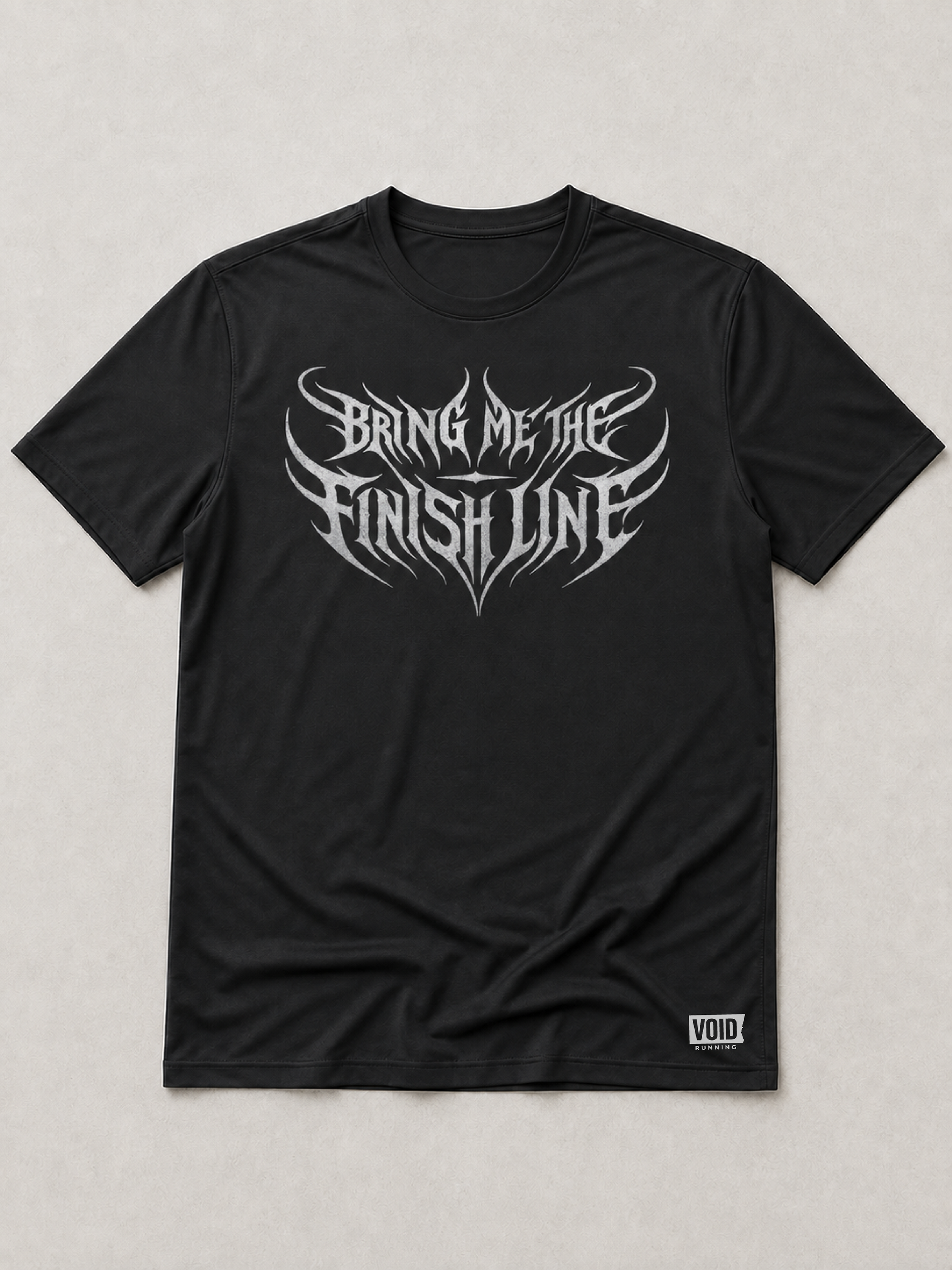 Bring Me The Finish Line black running shirt flat lay