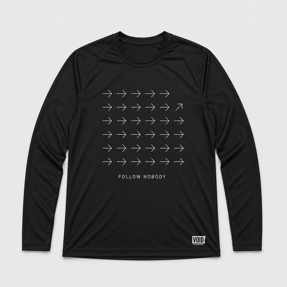 Black Follow Nobody performance running long sleeve tee with a white arrow grid design and white lettering.