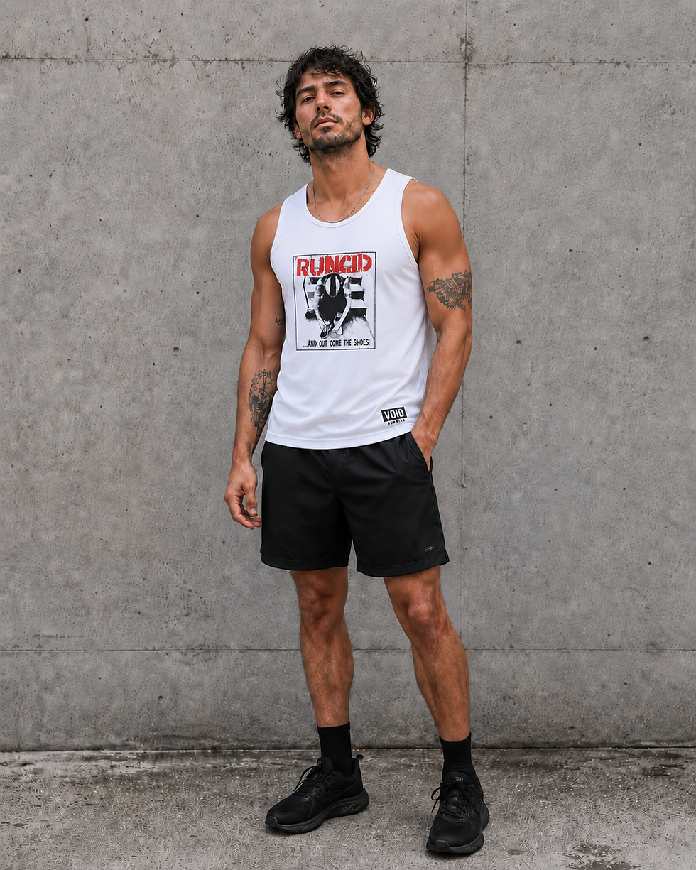 Thumbnail: Male model wearing a running vest featuring a RUNCID graphic with red title text and black-and-white punk-style artwork.