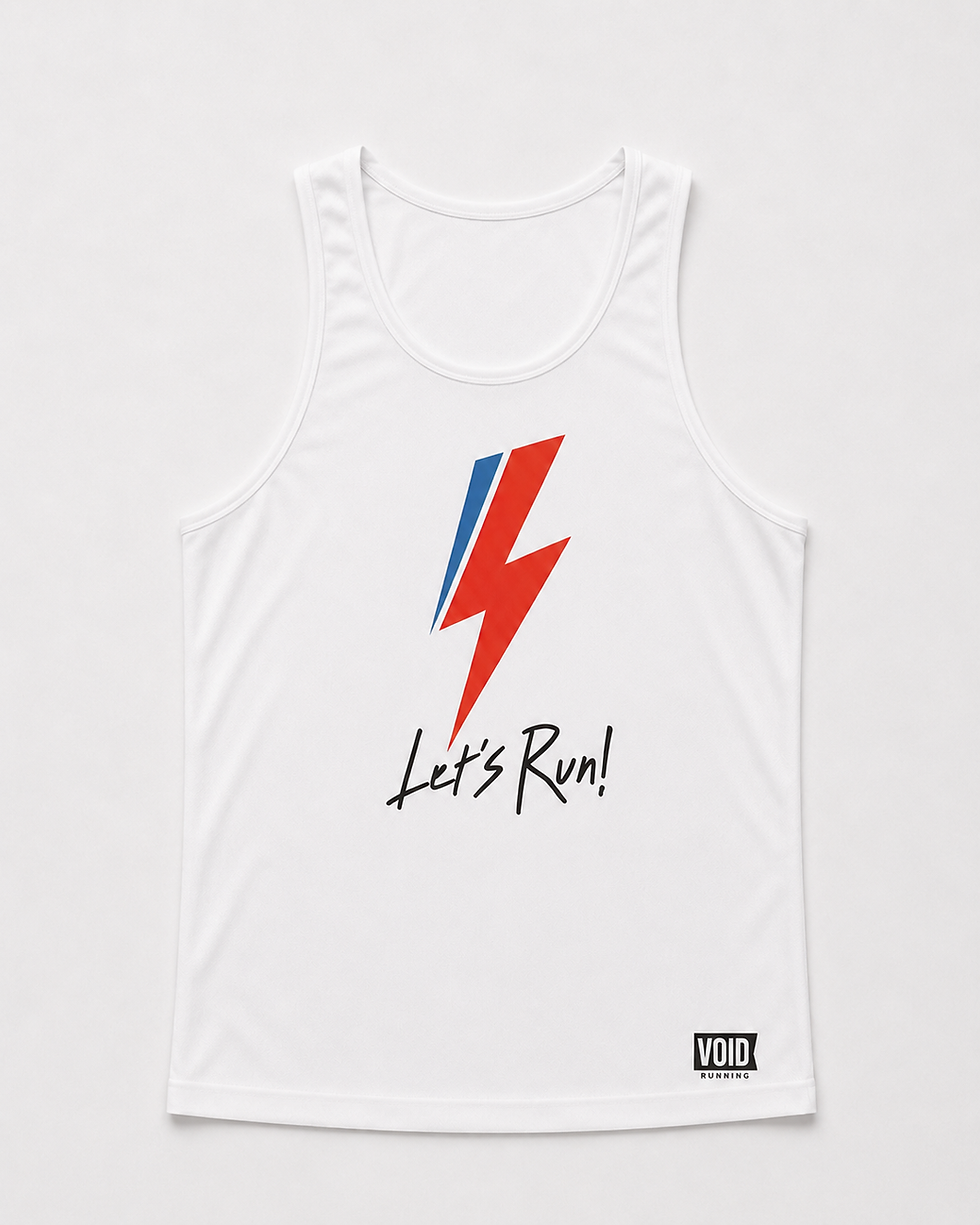 White technical running vest featuring a red and blue lightning bolt, handwritten Let’s Run lettering.