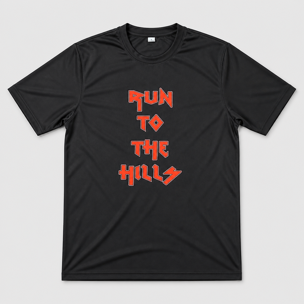 Black technical running T-shirt featuring stacked red Run To The Hills lettering in a heavy metal-inspired style.
