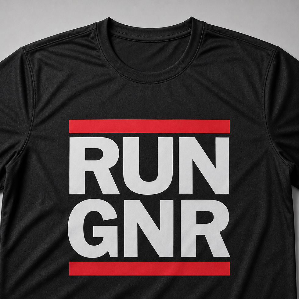 Close-up of the RUN GNR running shirt print, showing the bold white block lettering and red bar details on black tee
