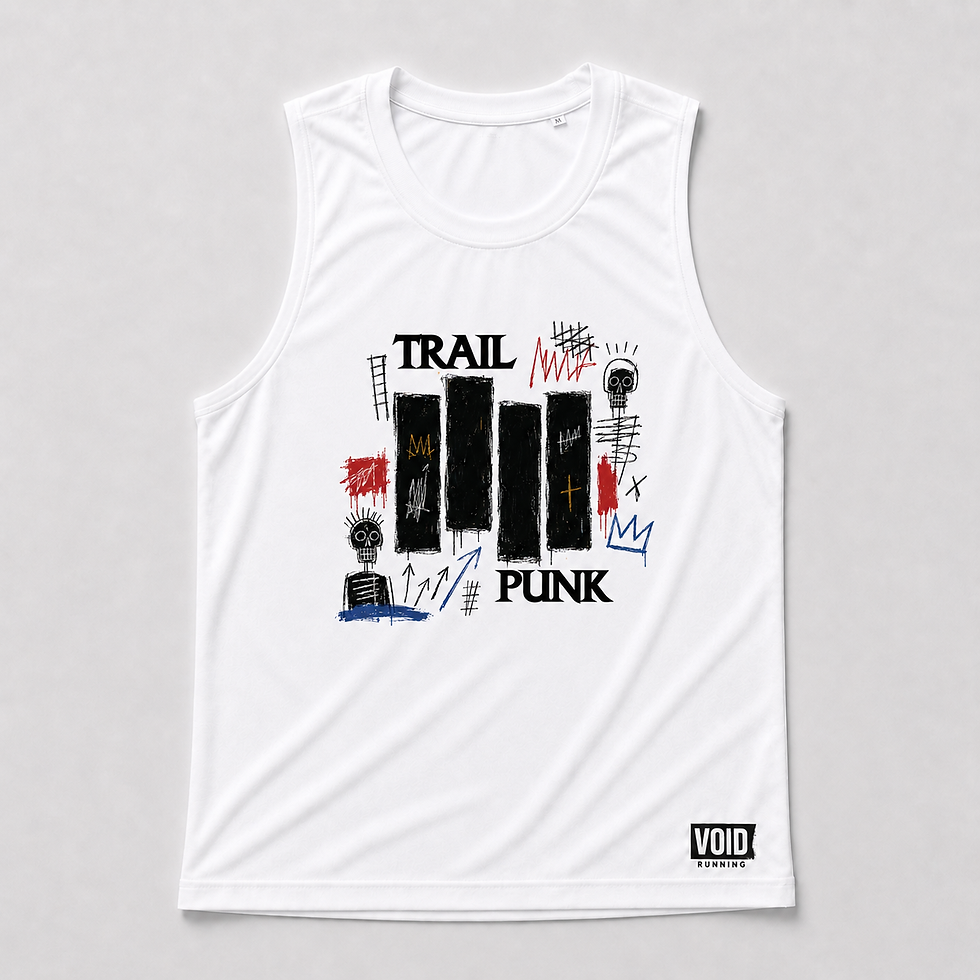 White Trail Punk running vest with bold black bars, hand-drawn red and blue details and VOID Running logo near the hem.
