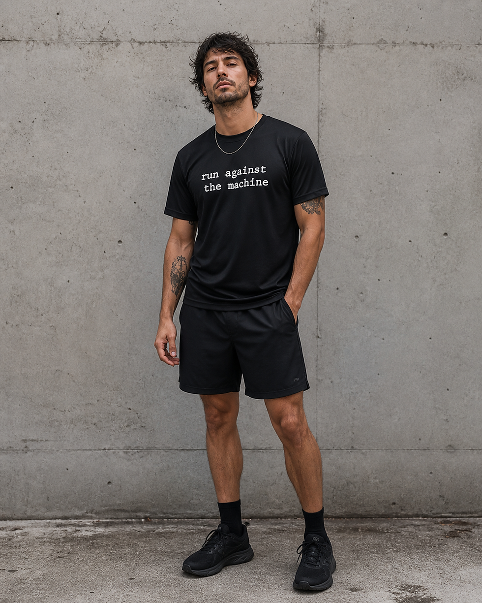 Run Against The Machine black rock rage inspired technical running tee shirt male model
