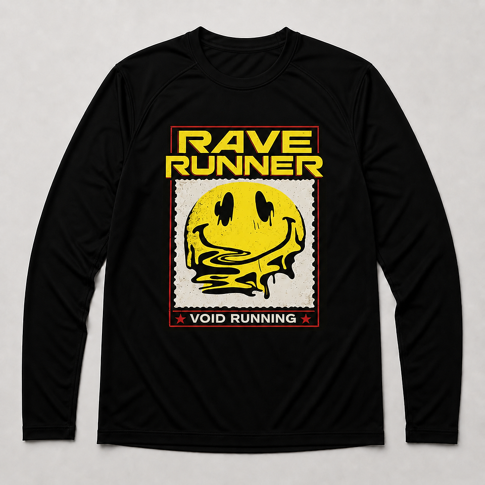 Black RAVE RUNNER long sleeve running top with distressed yellow smiley face graphic by VOID Running