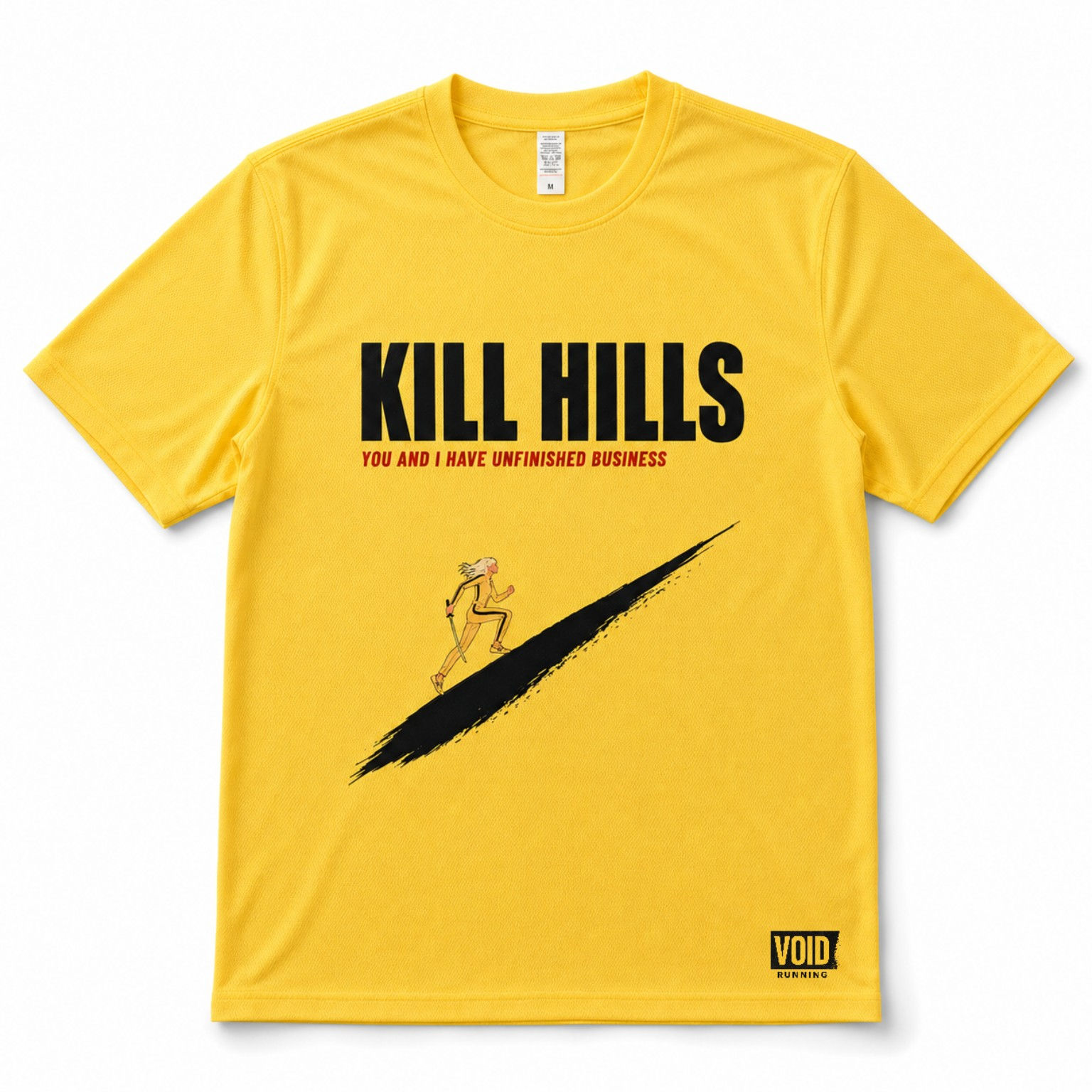 Sun yellow KILL HILLS performance running tee with black hill graphic and VOID Running logo.