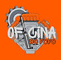 Logo da Oficina do Fofo com motor V8 estilizado, chave de fenda e engrenagem em fundo laranja