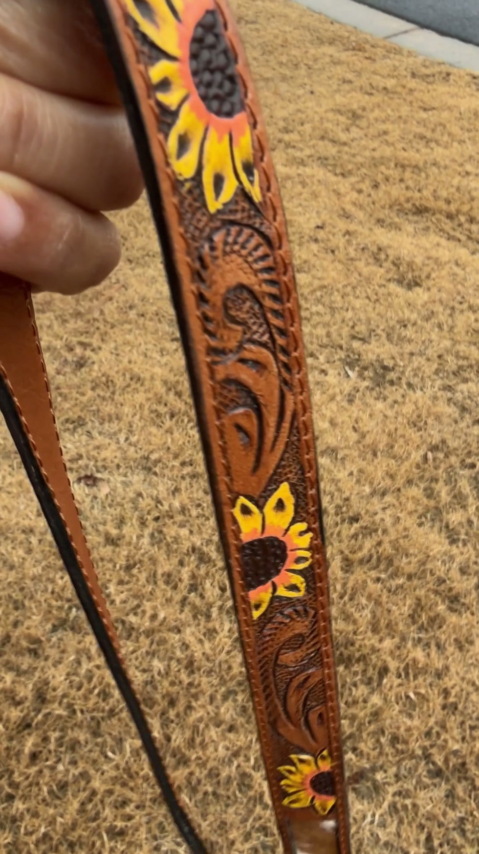 Thumbnail: Cowhide and Tooled Leather Lanyard Western Badge Holder Tan Sunflower