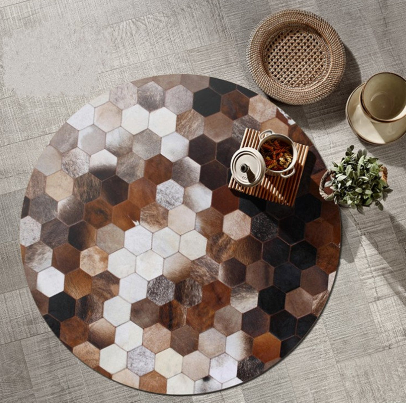 Cowhide Patchwork Rugs Round Area Rug Tricolor Southwestern Geometric Custom