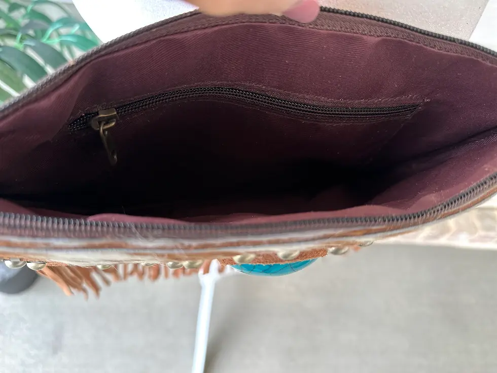 Thumbnail: Cowhide Leather Rodeo Crossbody Bag in Tan with Fringes and Turquoise MYLAH