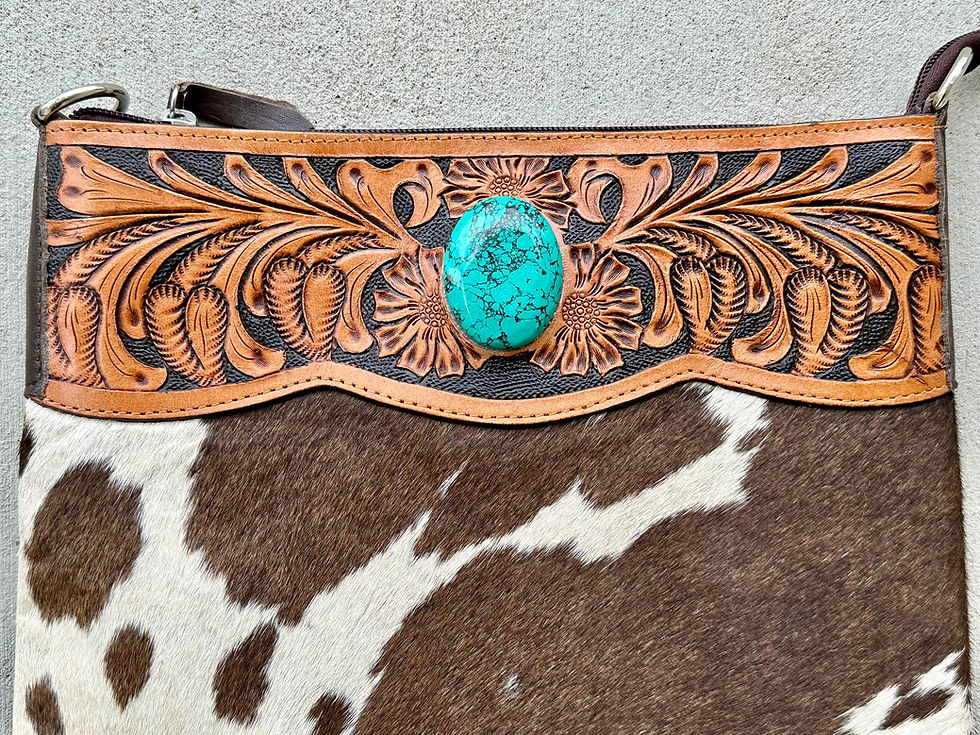 Thumbnail: Western Cowhide Crossbody Bag with Tooled Leather and Turquoise Brown