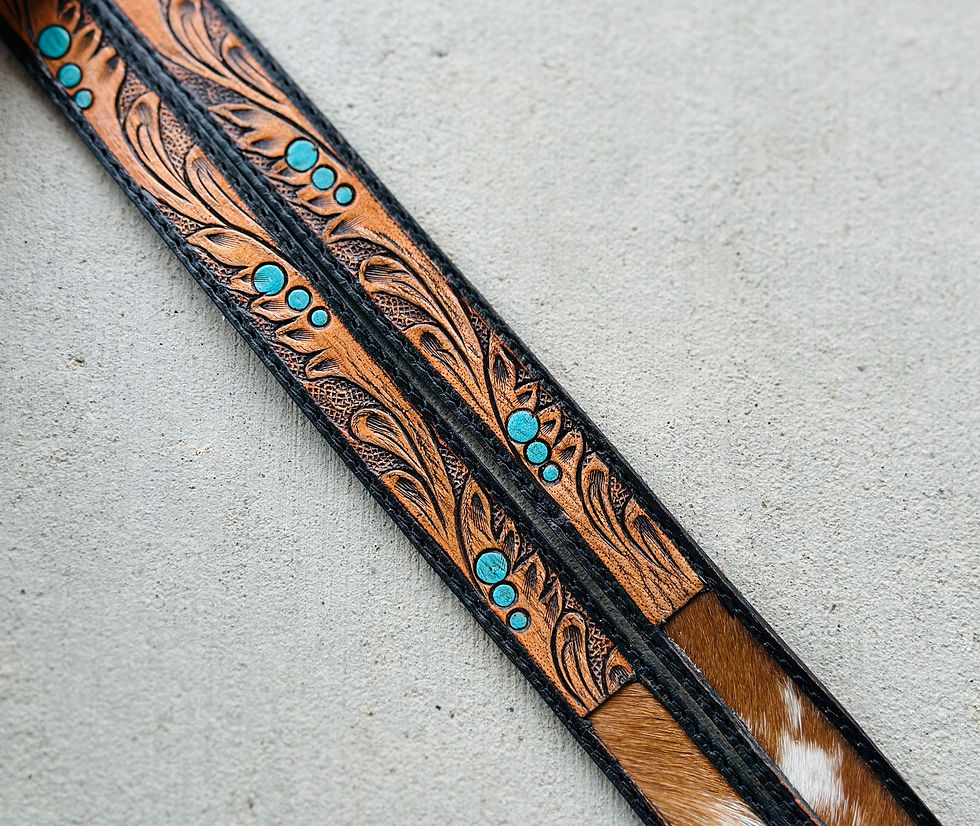 Thumbnail: Cowhide & Tooled Leather Lanyard Western Badge Holder Tan Turquoise