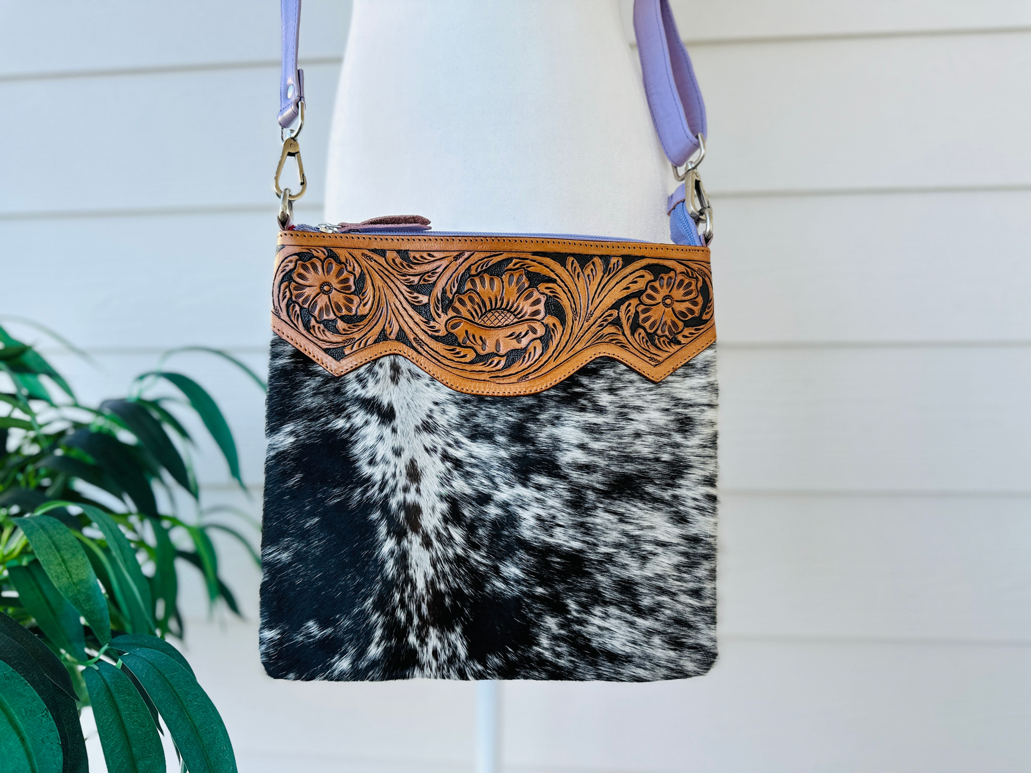 Cowhide Tooled Leather Messenger Bag in Purple RAINBOW