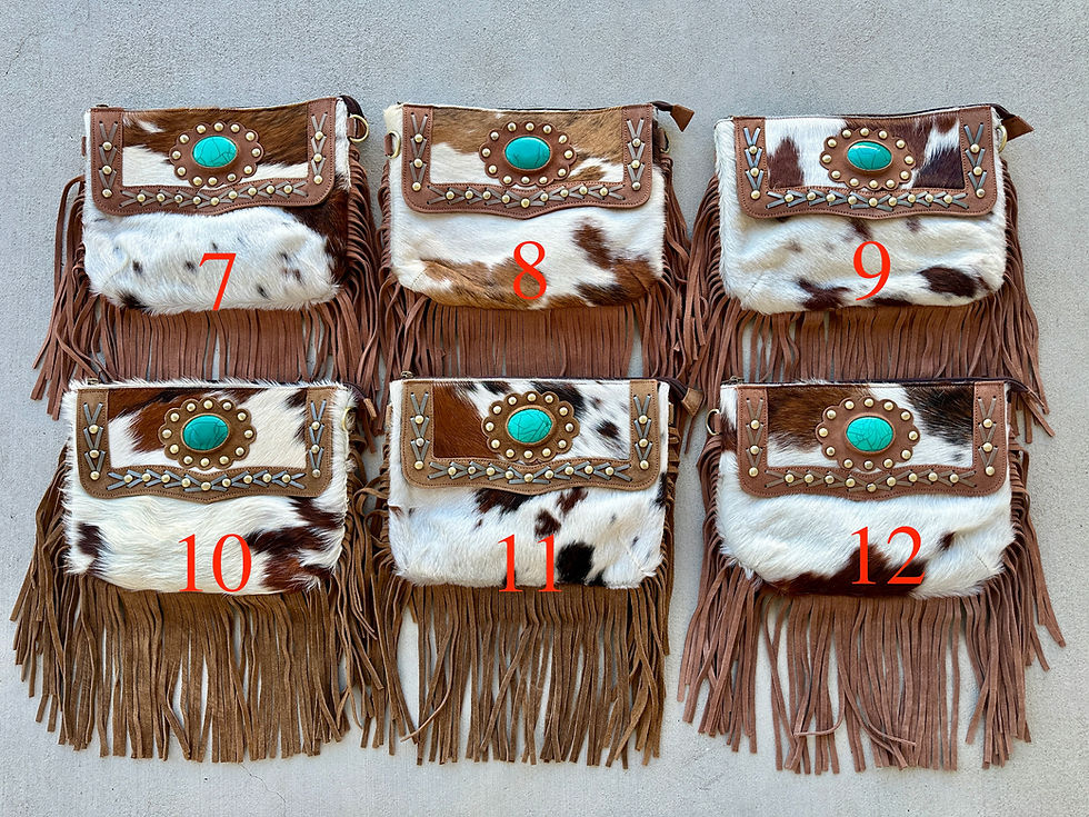 Thumbnail: Cowhide Leather Rodeo Crossbody Bag in Tan with Fringes and Turquoise MYLAH