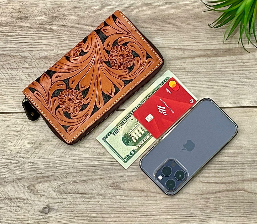 Thumbnail: Tooled Leather Zip Wallet for Women Brown Black