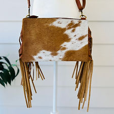 Western Cowhide Embossed Leather Crossbody With Fringes in Tan