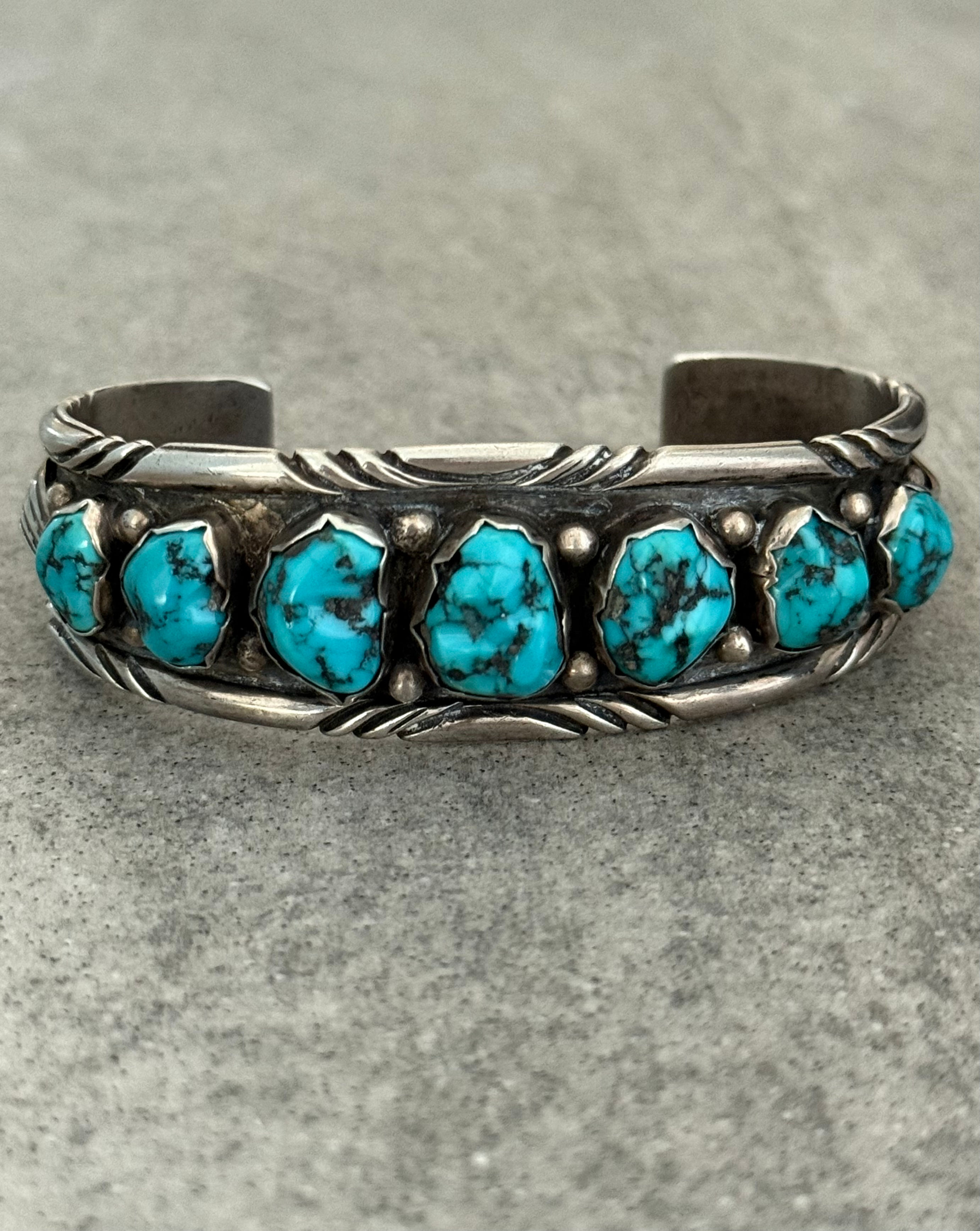 Vintage Native American Navajo PAUL J Turquoise Chiseled Sterling Bracelet 50.2g