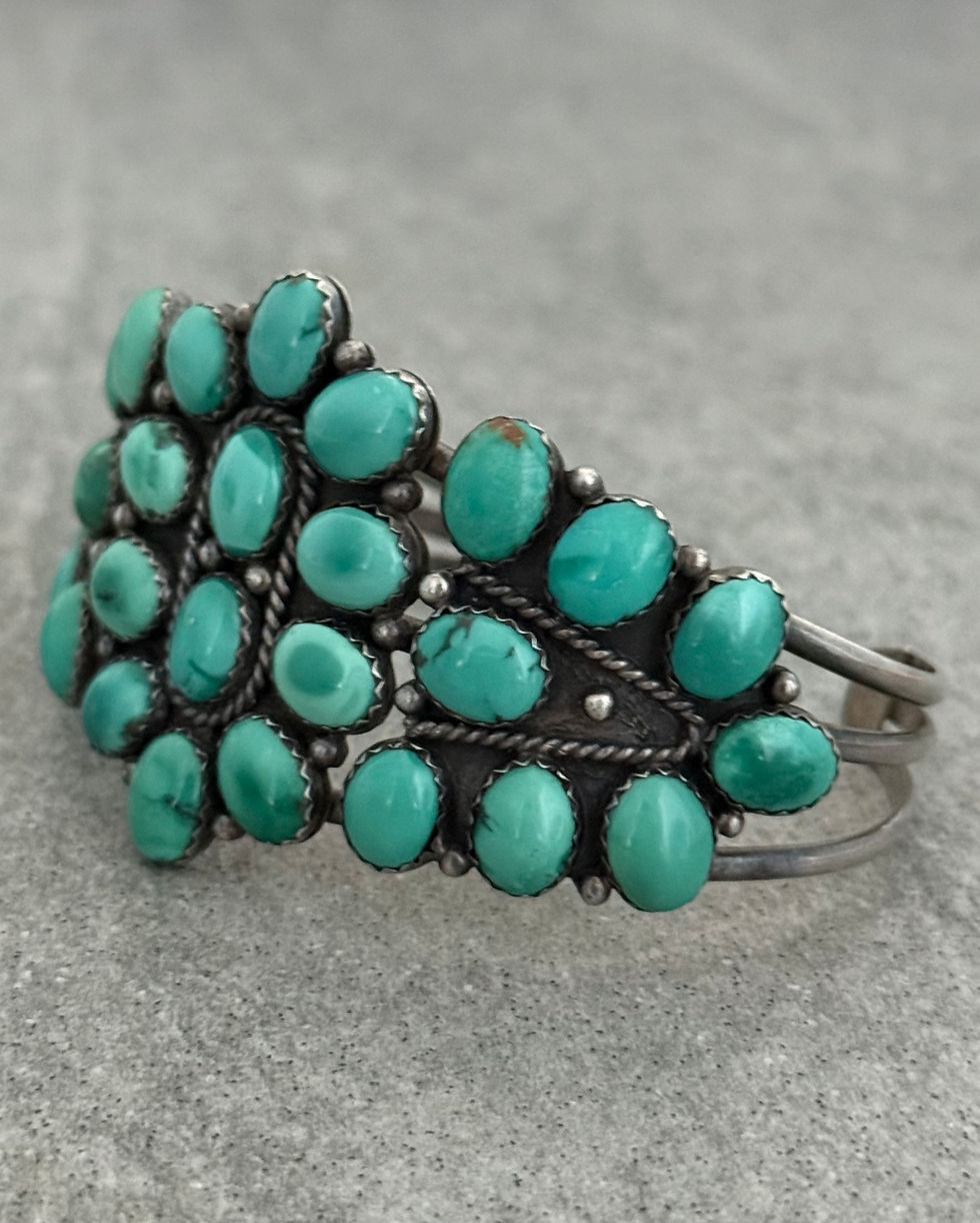 Thumbnail: Vintage 70's NAVAJO FRANK ARVISO ROYSTON Turquoise Cluster Sterling Bracelet