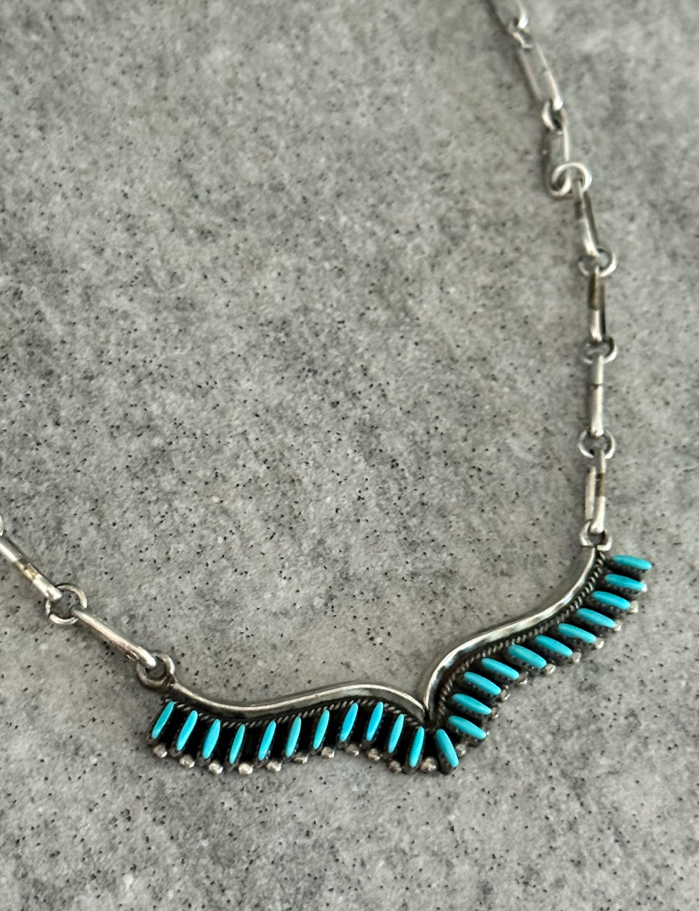 Thumbnail: ZUNI MILDRED & NELSON UKESTINE Needlepoint Turquoise Sterling necklace