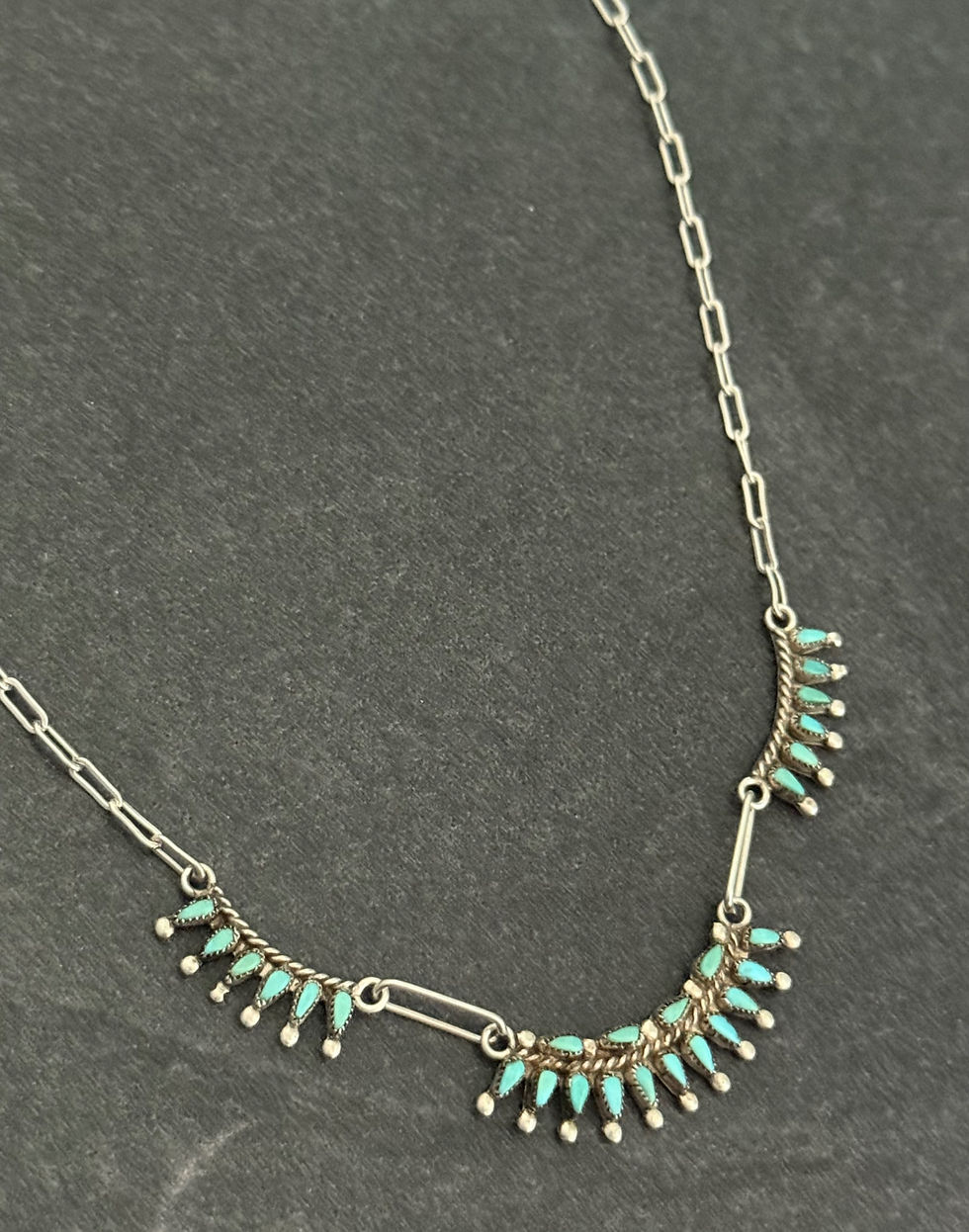 Thumbnail: Vintage Native American ZUNI Needlepoint Turquoise Sterling Silver necklace 17"