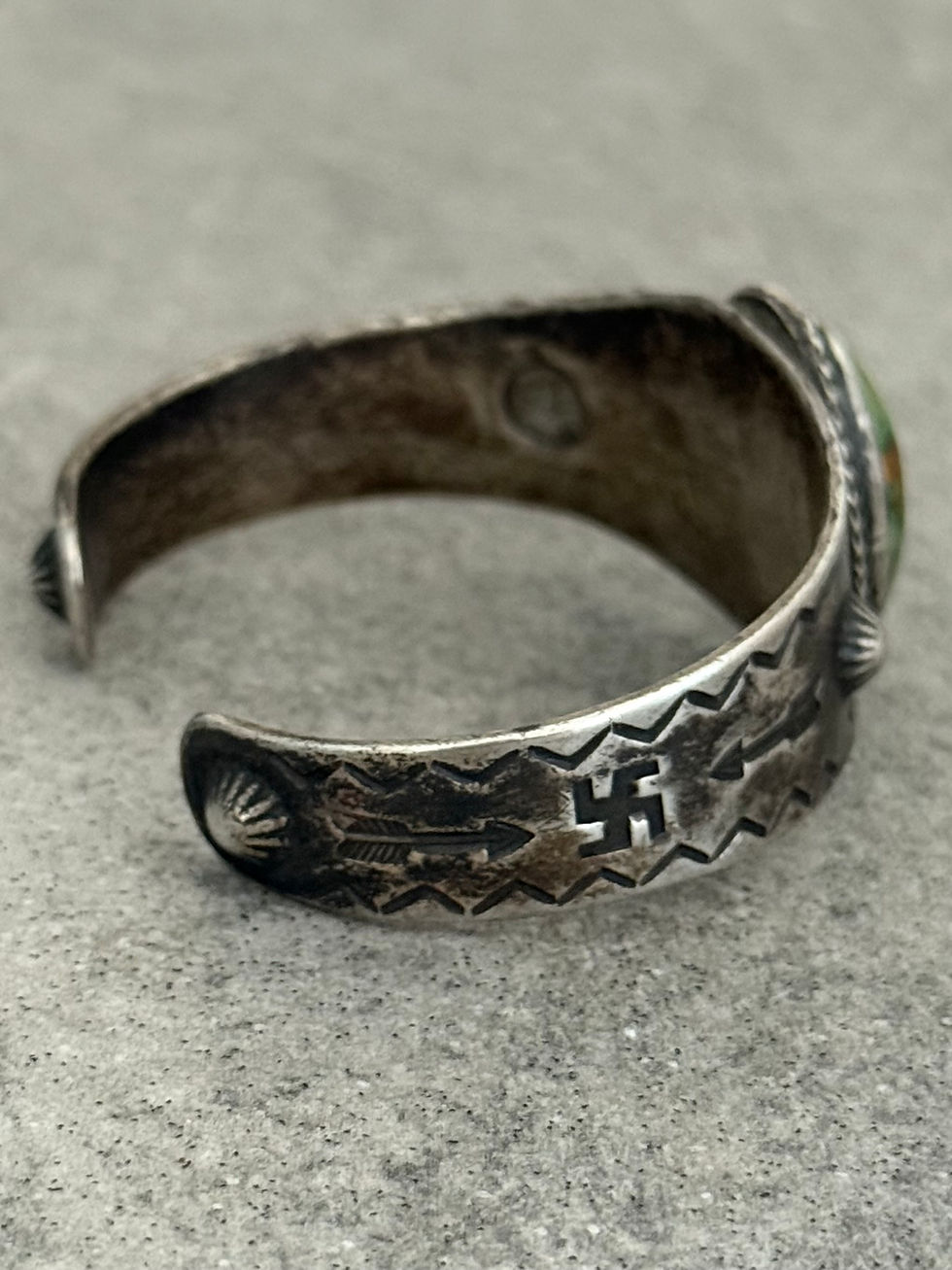 Thumbnail: EARLY FRED HARVEY Navajo Turquoise RATTLESNAKE WHIRLING LOG Silver bracelet 47+g