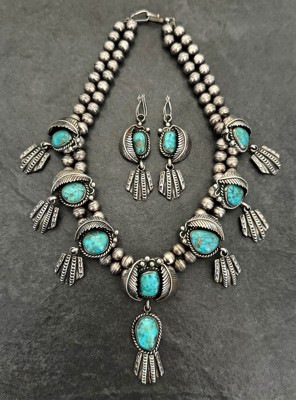 OLDER Vintage Navajo Turquoise SQUASH BLOSSOM Sterling NECKLACE & EARRINGS set