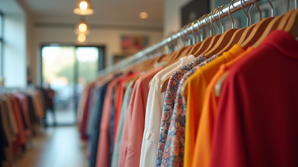 Eye-level view of a boutique clothing rack with colorful dresses