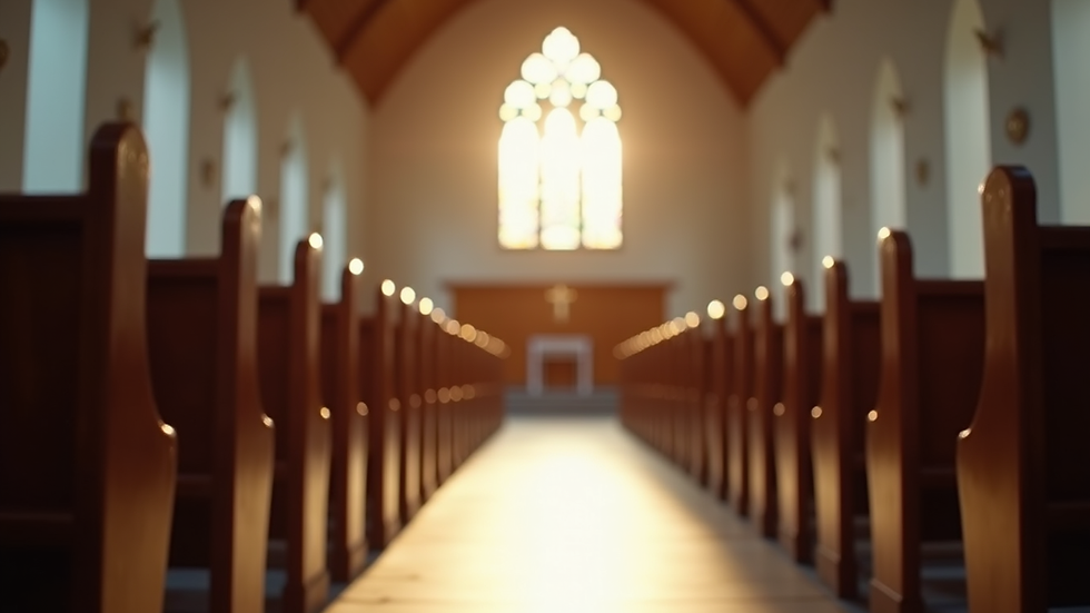 Eye-level view of a peaceful church sanctuary with empty wooden pews