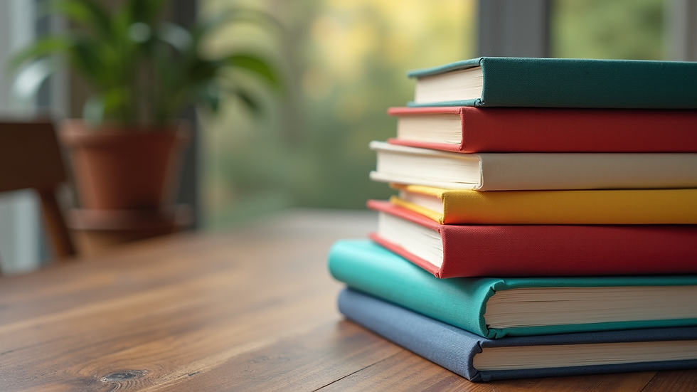 Close-up view of a stack of colorful paperback books on a wooden table