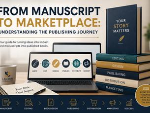 A modern infographic showing the publishing journey: from writing and editing to design, publishing, distribution, and marketing.