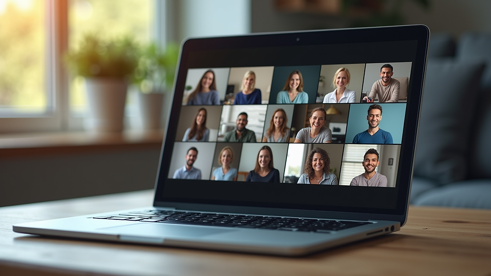 Eye-level view of a laptop screen showing a virtual group meeting