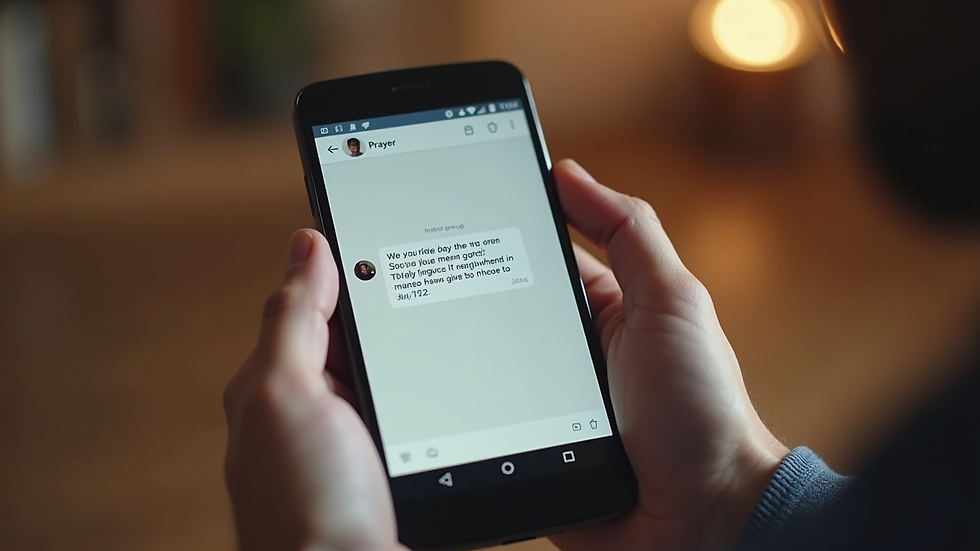 Close-up view of a smartphone displaying a prayer request in a faith group chat