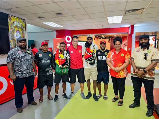 PNG Hekari FC management, coaching staff, and club director welcome two new international signings at Jacksons International airport, Papua New Guinea.