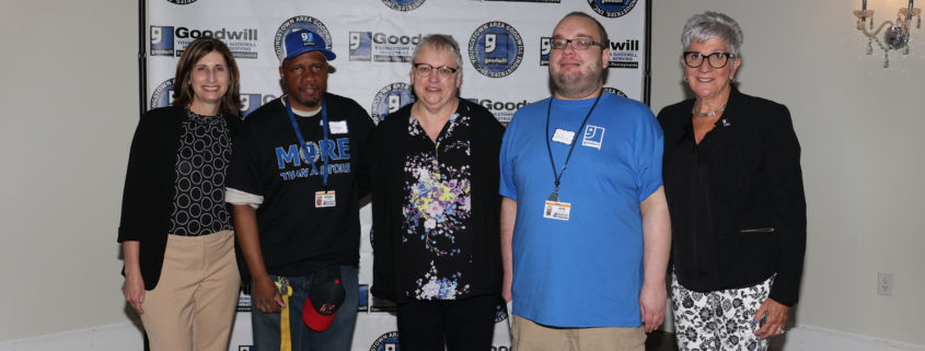 CAPTION: In the photo from Goodwill’s second annual Mission Fundraising Breakfast are (from left) CEO Dr. Shelley Murray, Michael Dent, Holly Hahn, John Hahn and Kathy Gerberry, who all served as speakers at the event.