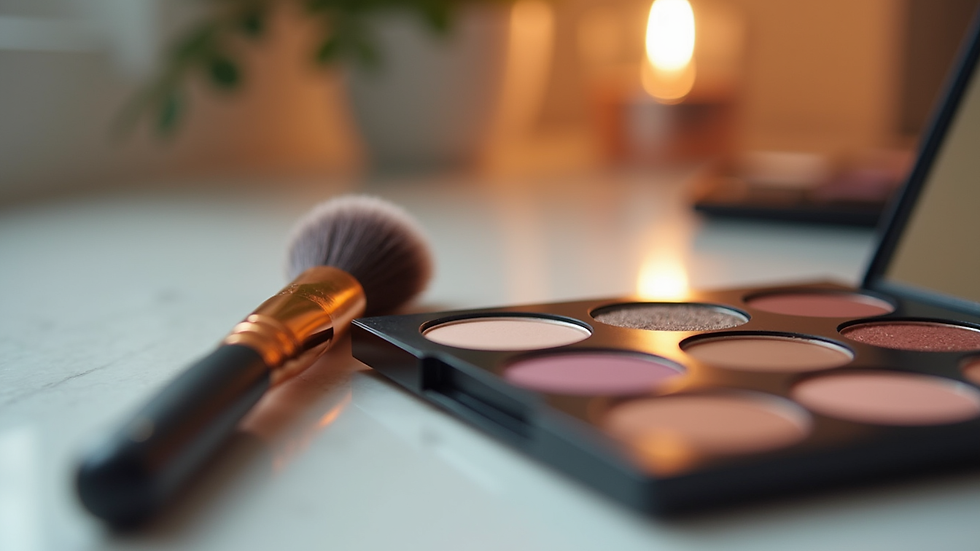 Close-up view of a makeup brush and palette on a vanity table