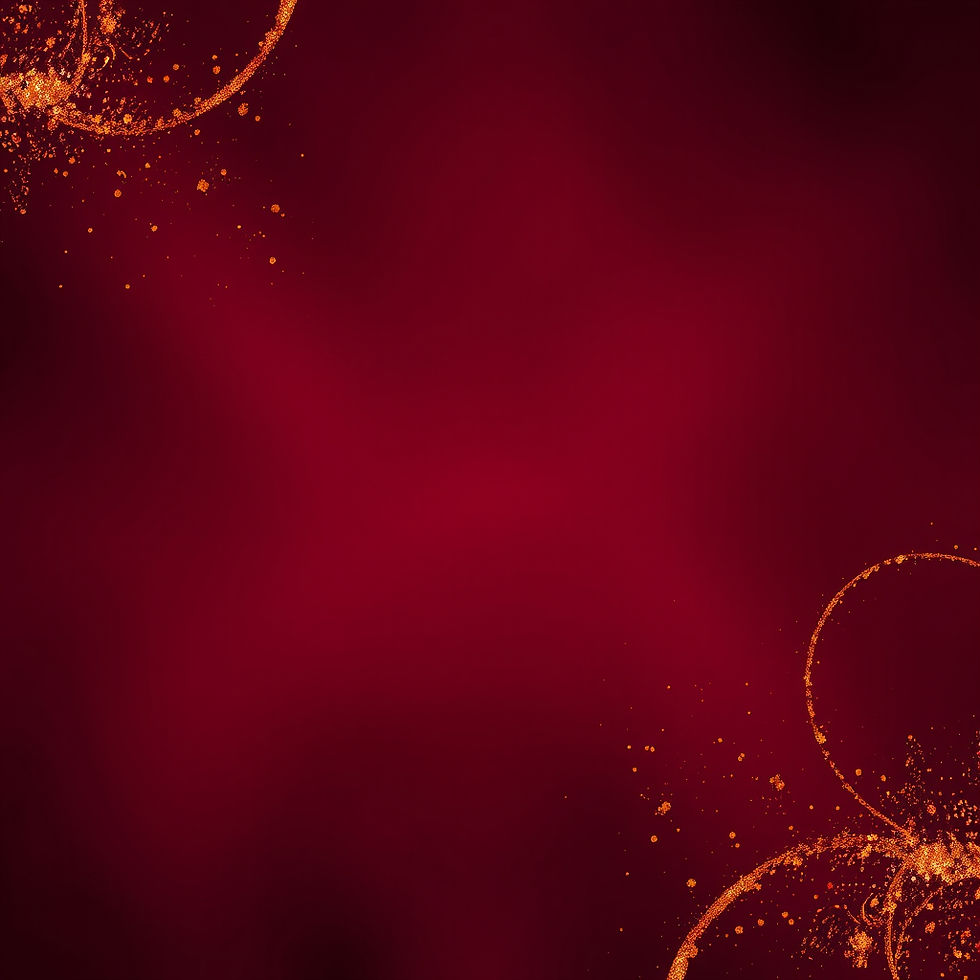 Dark red background with shimmering golden circles and speckles in corners.