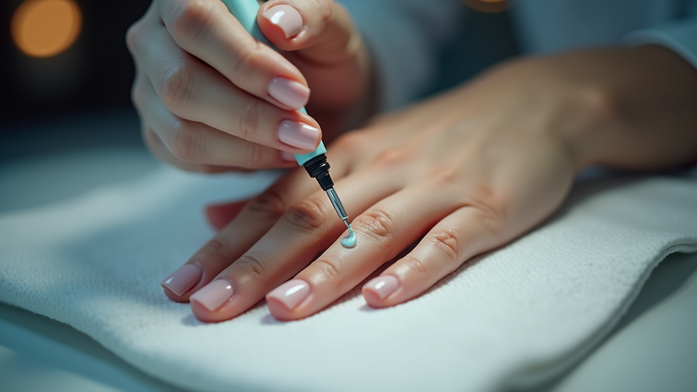 Eye-level view of a nail technician applying gel polish on a client's nails