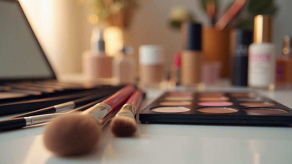 Eye-level view of makeup brushes and palette on a vanity table