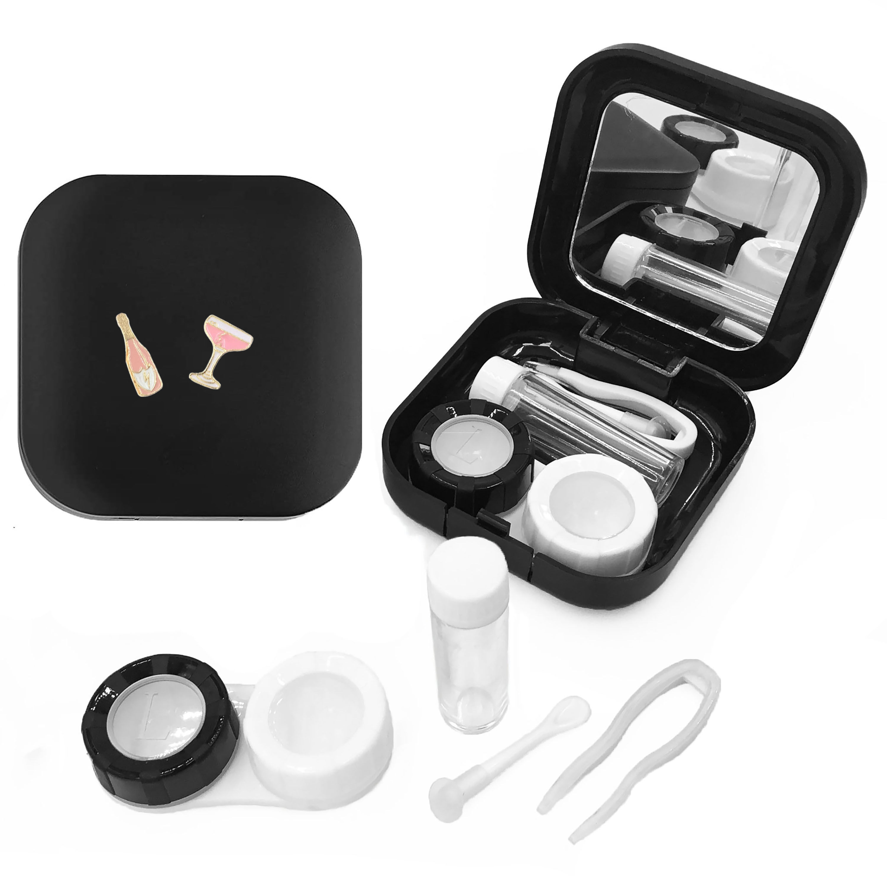 Champagne Contact Lens Case with Compact Mirror and Accessories