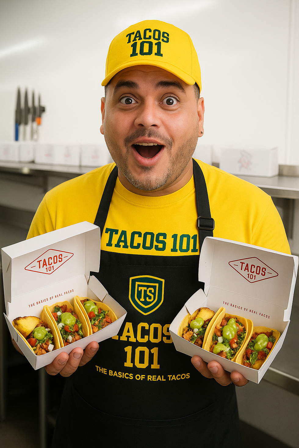 Tacos 101 staff marketing shoot — branded uniforms, packaging, and team culture design by 101 THINK.