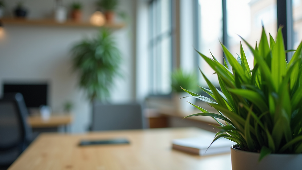 Close-up view of a green office plant in a modern workspace