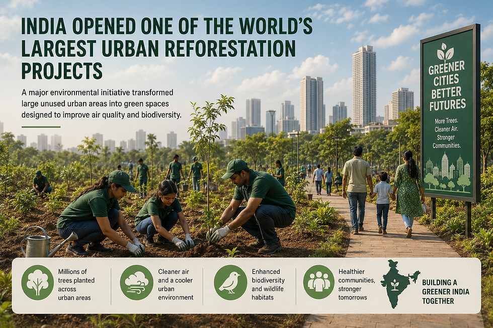 Large urban reforestation project in India creating greener cities, cleaner air, and improved biodiversity through community tree planting initiatives.