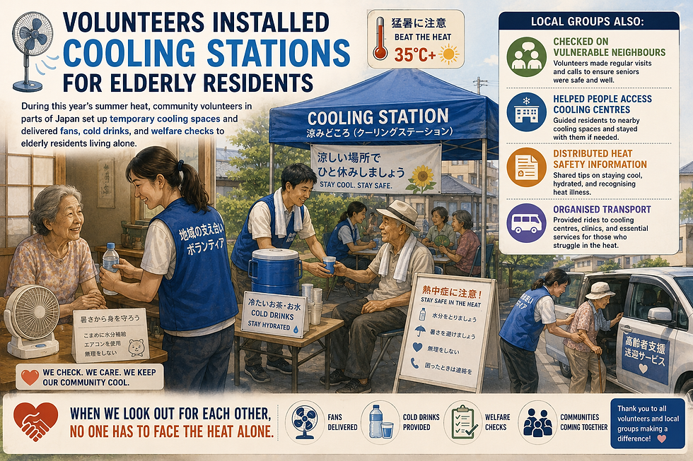 Volunteers supporting elderly residents during hot weather in Japan