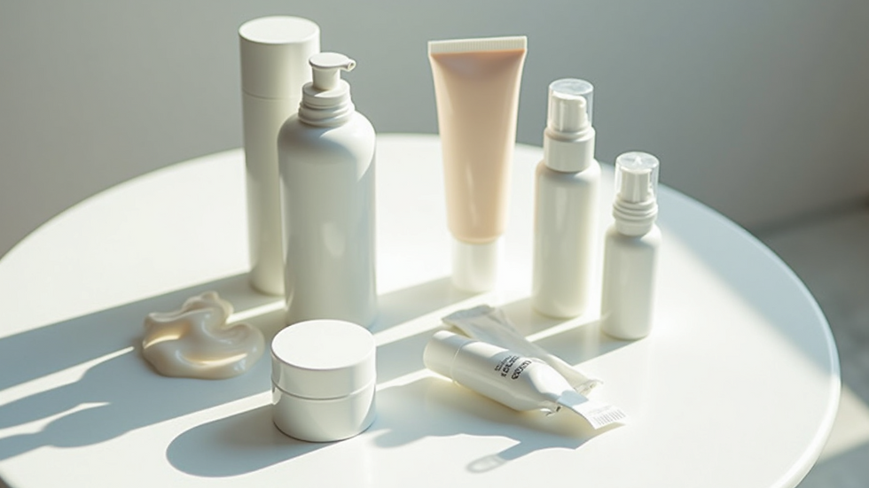 High angle view of skincare products arranged neatly on a white table