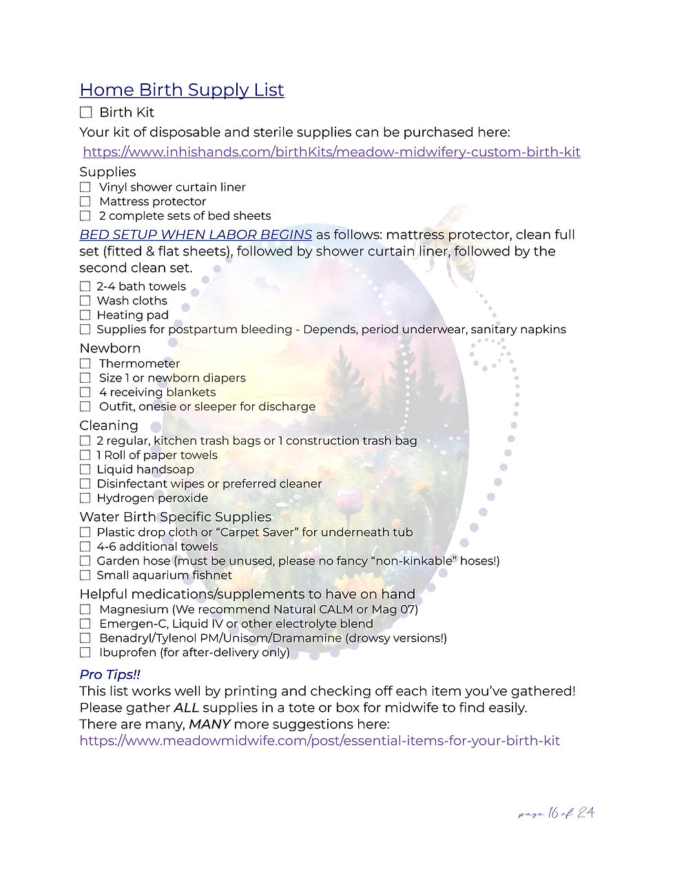 Meadow Midwifery's Home Birth Supply List